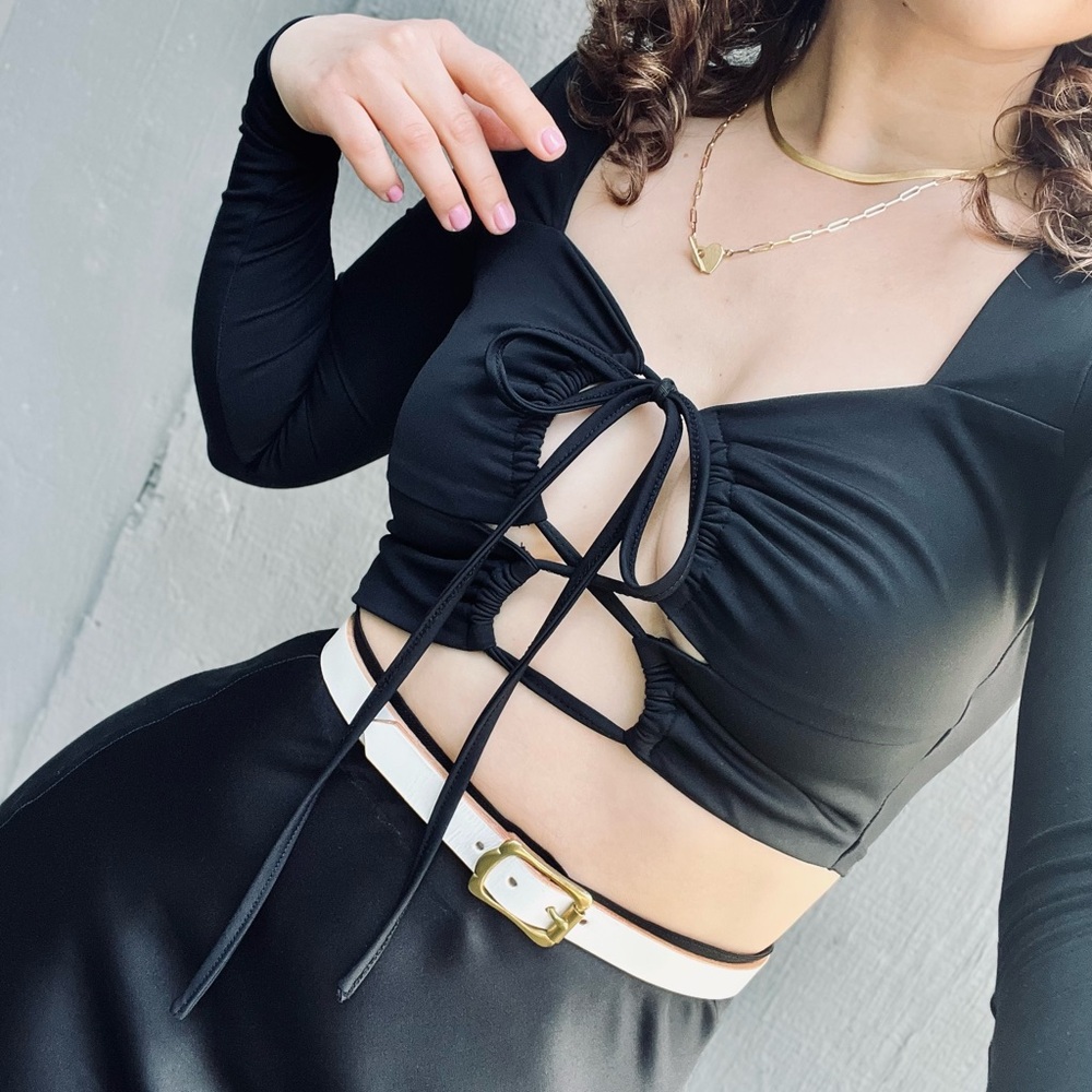 Showpo Black Long Sleeve Tie-Front Top